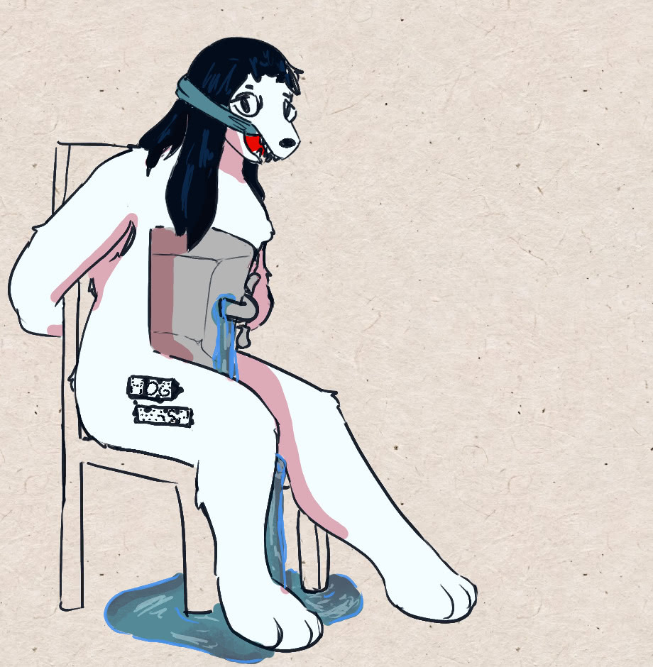 illustration of sinkdog sitting bound and gagged with HOG WASH slapped on her